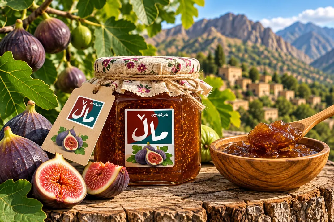 A jar of MAL fig jam with a floral cloth lid, fresh figs and a wooden bowl of jam, a mountain village behind.