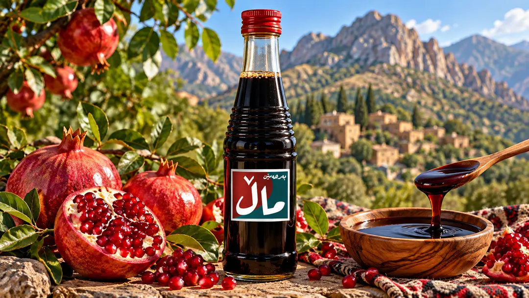 A bottle of MAL pomegranate molasses with a red cap, beside fresh and split pomegranates and a wooden bowl of molasses, a mountain village behind.