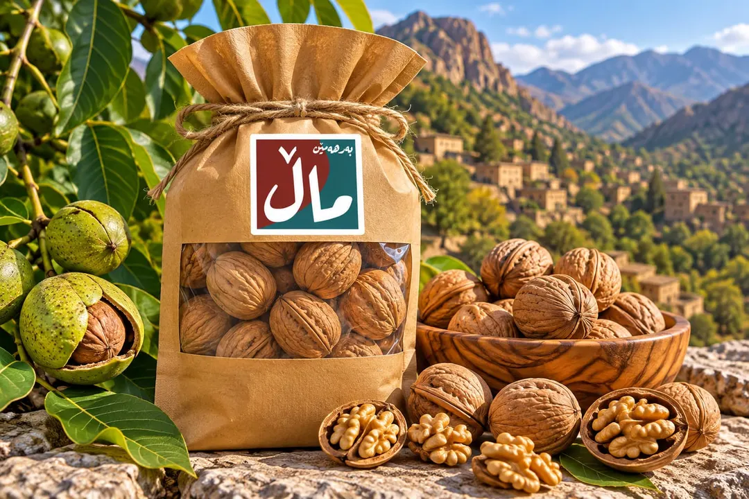 A tied kraft bag of MAL walnuts with a wooden bowl of whole and cracked walnuts, a mountain village behind.